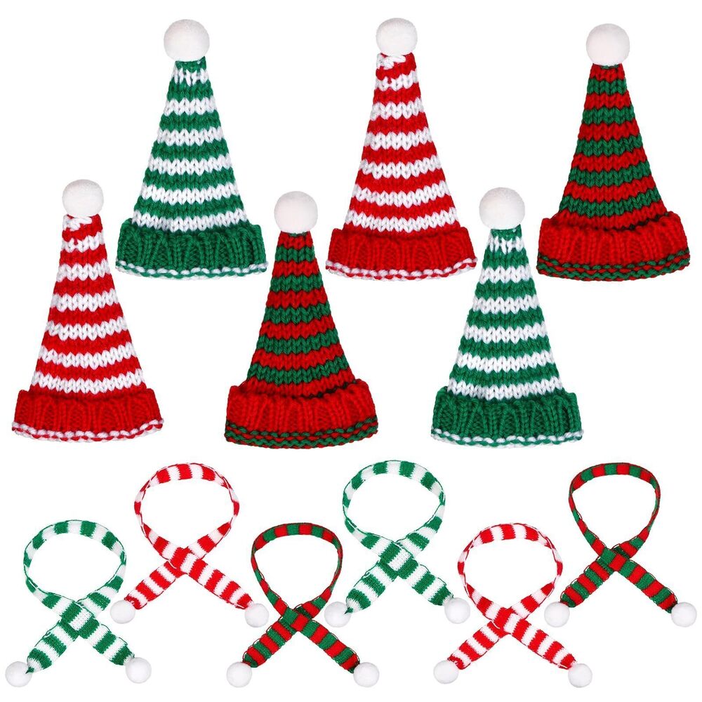 9934 12 Pcs Mini Christmas Knit Hat Scarf Set Christmas Doll Knit Decor